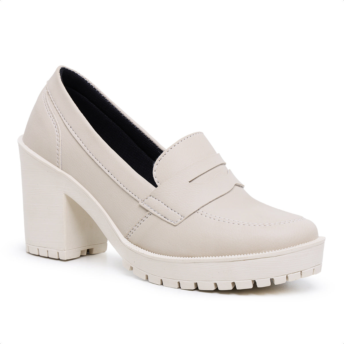 Sapato Mocassim Feminino Oxford Salto Médio Tratorado Off White - Rosária