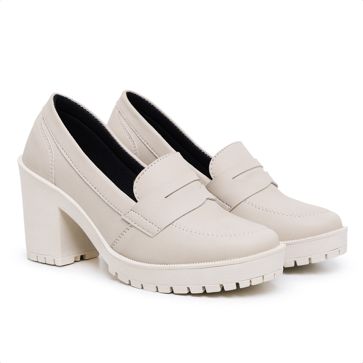 Sapato Mocassim Feminino Oxford Salto Médio Tratorado Off White - Rosária