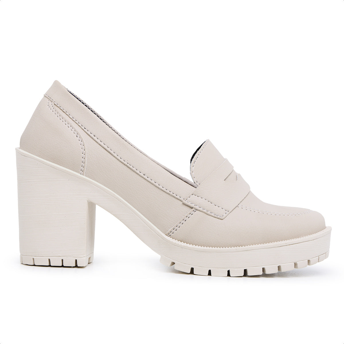Sapato Mocassim Feminino Oxford Salto Médio Tratorado Off White - Rosária