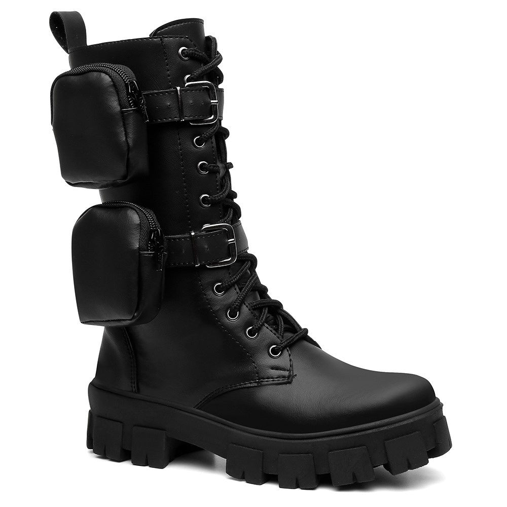 Bota Coturno Feminina Tratorada Cano Alto c/ Bags Bolsinhas Removível Estilo Militar - Rosária