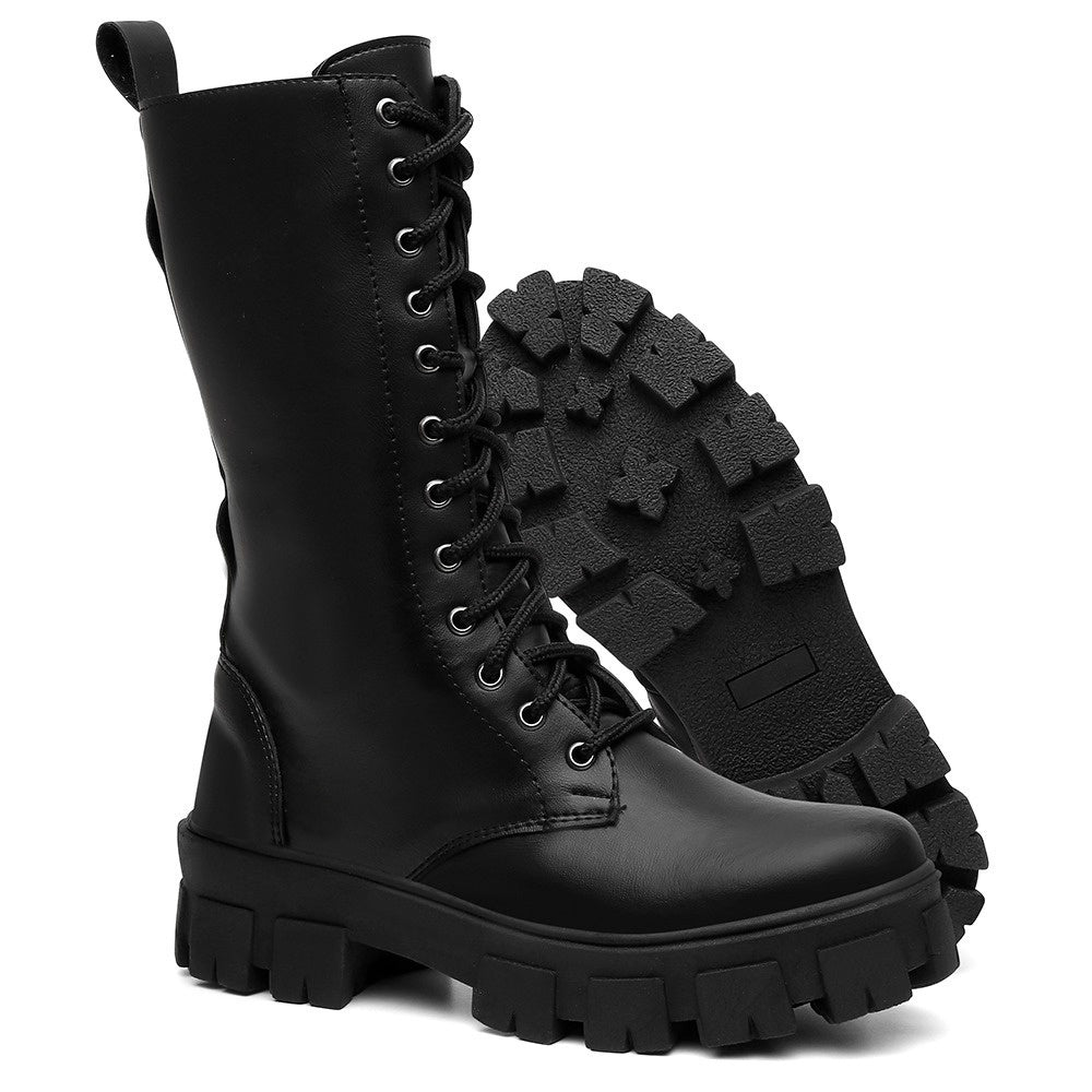 Bota Coturno Feminina Tratorada Cano Alto c/ Bags Bolsinhas Removível Estilo Militar - Rosária